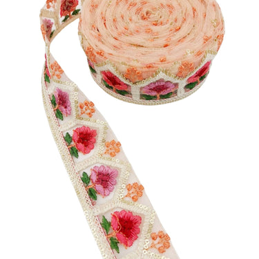 9 Yards Peach Soft Net Lace Trim Floral Embroidery and Gold Sequins, Floral Sari Border, Decorative Trim